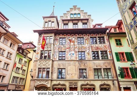 Luzern, Switzerland - July 12, 2019: Local Houses With Paintings At Hirschenplatz Main Square In Luc