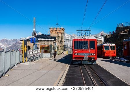 Zermatt, Switzerland - July 16, 2019: Train Near The Gornergrat Bahn Railway, A Mountain Rack Railwa