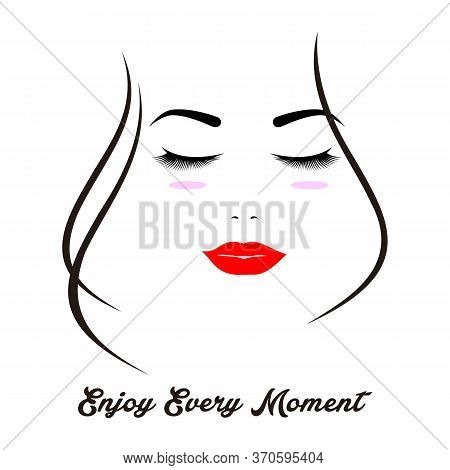 Beautiful Smiling Woman Face With Closed Eyes And Red Lips, Isolated On The White Background, Vertic
