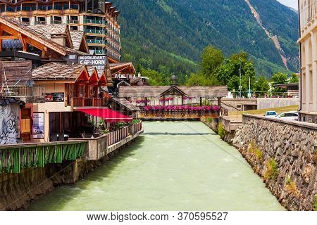 Chamonix, France - July 18, 2019: Beauty Vintage Bridge In Chamonix City Centre. Chamonix Mont Blanc