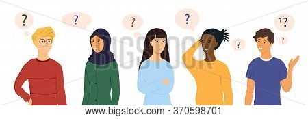 Set Of Five Diverse Thoughtful People With Puzzled Or Quizzical Expressions And Floating Question Ma