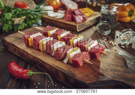 Raw Meat Stick With Ingredients - Brazilian Espetinho De Carne