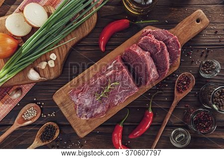 Raw Beef Tender Loin With Ingredients - In Top View