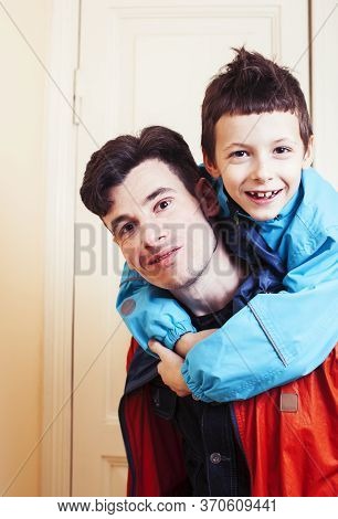 Faher And Son Together Having Fun At Home, Lifestyle Happy Family, People At Home