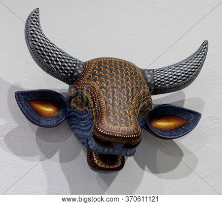 Sant Matin Ticajete, Mexico - 2019-11-26 - Elaborate Alebrije Wooden Bulls Head.
