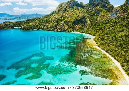 Cadlao Lagoon, El Nido, Palawan Island, Philippine. Aerial Drone View Of A Tropical Island Coastline