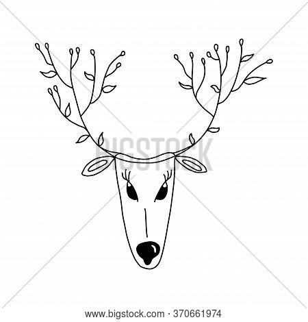 Christmas Illustration With Cute Cartoon Deer In Doodle Style. Vector Image. For Design Of T-shirts,