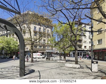Sofia, Bulgaria - April 24, 2020: Slaveykov Square At The Center Of City Of Sofia, Bulgaria