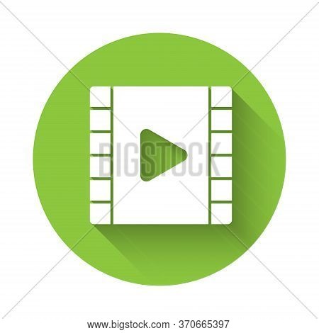 White Play Video Icon Isolated With Long Shadow. Film Strip With Play Sign. Green Circle Button. Vec