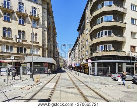 Sofia, Bulgaria - April 24, 2020: Slaveykov Square At The Center Of City Of Sofia, Bulgaria