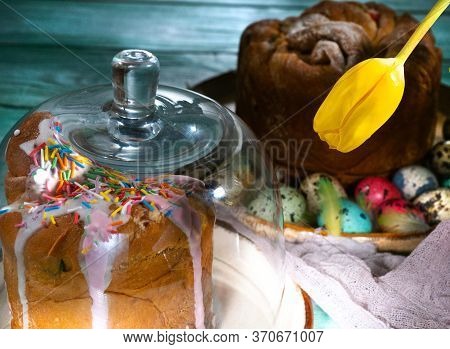 Easter Composition With Colorful Eggs And Cakes
