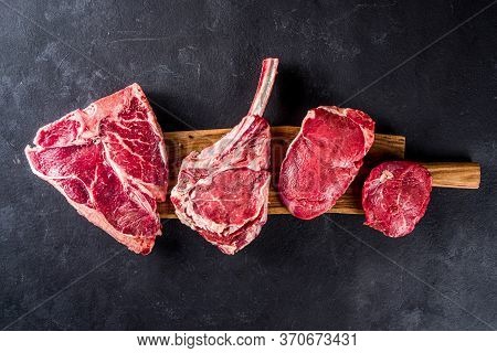 Set Of Various Classic, Alternative Raw Meat, Veal Beef Steaks - Chateau Mignon, T-bone, Tomahawk, S