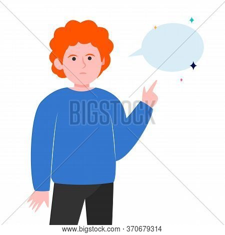 Red-haired Guy Pointing At Empty Speech Bubble. Finger, Chat, Network Flat Vector Illustration. Comm