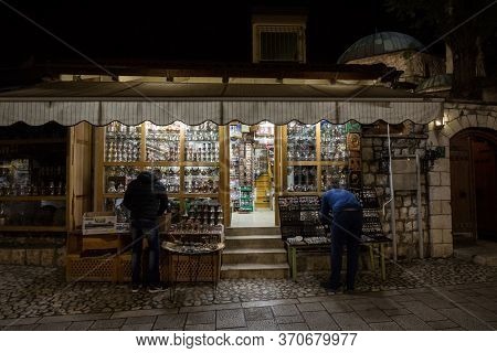 Sarajevo, Bosnia - April 15, 2017: Souvenir Shop In Bascarsija District Of Sarajevo At Night, With T