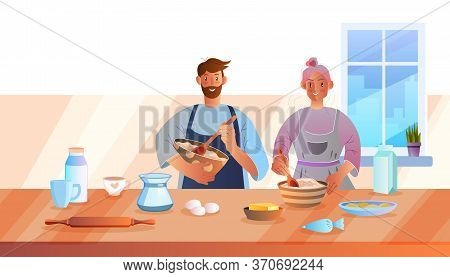 Cooking Together Banner With Young Cheerful Couple Making Cake. Vector Illustration In Flat Style Wi