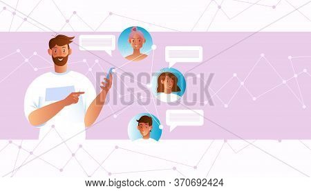 Online Chat Concept With Bearded Man Holding Smartphone, Users' Avatars, Messages. Social Network Il