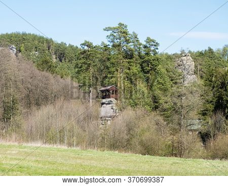 Wooden Gazebo, Altan Or Summer House On Top Of Sandstone Rock Pillar In Spring Landscape With Fresh 