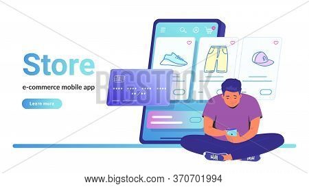 Online Store E-commerce Mobile App. Flat Line Vector Illustration Of Cute Man Sitting Alone In Lotus