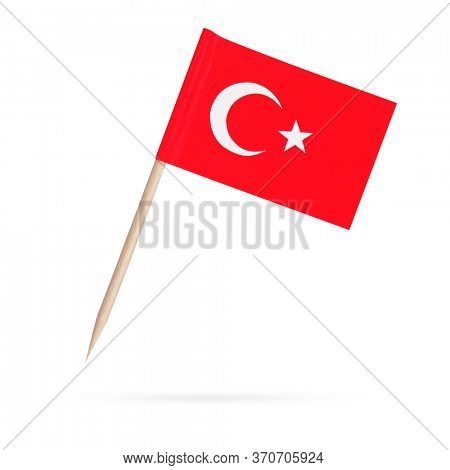Toothpick paper flag Turkey. Isolated Turkish toothpick flag on white background. With shadow below
