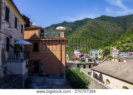 Corniglia, Italy - July 8, 2017: View Of Traditional Old Houses Of Corniglia Town, Cinque Terre