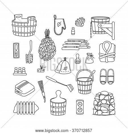 Sauna Accessories - Washer, Broom, Tub, Bucket, Towel And Other. Bath Accessories Made Of Wood. Set 