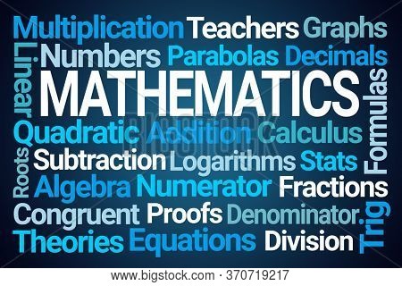 Mathematics Word Cloud on Blue Background