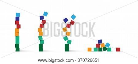Falling Tower Of Colorful Play Cubes. Tower Of Cubes Falling Down. Stages Of Ruining Tower Of Cubes.