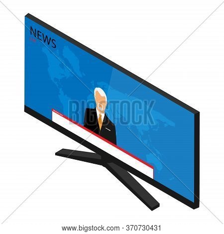 Vector Illustration Anchorman On Tv Broadcast News. Media On Television Concept. Breaking News. Tv N