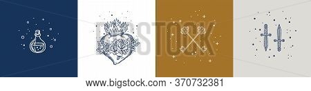 Retro Set In Old School Tattoo Style With Bottle, Heart, Key, Knife, Roses In Classic Engraving Styl