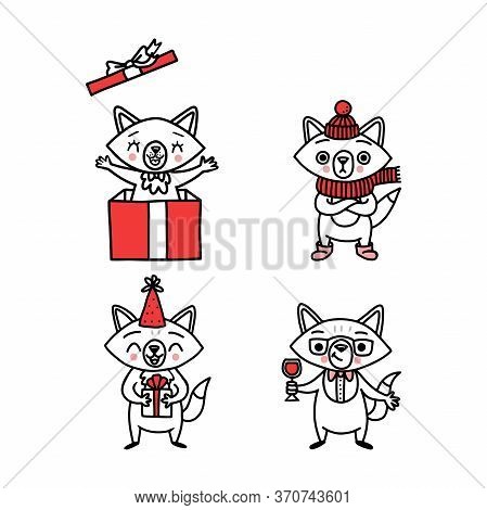 Cute Doodle Vector Foxes, Hand Drawn Set Of Funny Animals. Cartoon Characters For Holidays Stickers