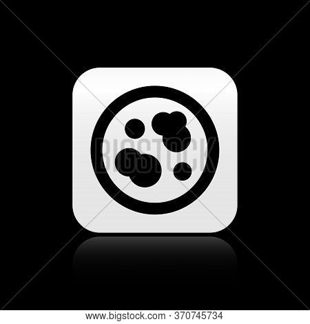Black Petri Dish With Bacteria Icon Isolated On Black Background. Silver Square Button. Vector Illus