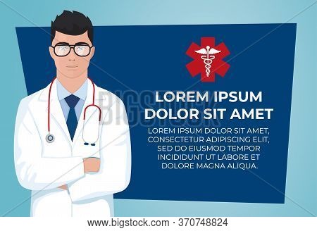Doctor On A Blue Background. Vector Illustration Medical Design