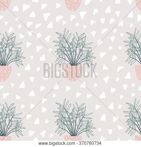 Seamless Pattern With Decorative Houseplants. Trendy Plants Growing In Pots. Set Of Beautiful Natura