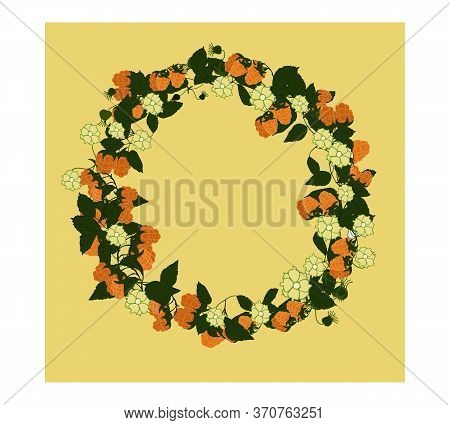 A Wreath-shaped Pattern With Yellow Raspberries, White Flowers And Green Leaves In The Shape Of A Ci