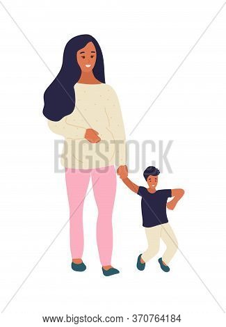 Hand Drawn Flat Style Vector Illustration. Pregnant Woman Is Walking With A Little Boy Or Her Son. M