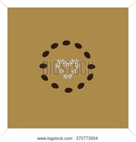 Pattern With Brown Coffee Beans And White Coffee Tree Colors In Laid Out In A Heart Shape.