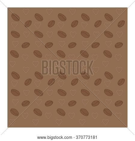 Seamless Pattern With Drawn Coffee Beans And White Dot Hearts On A Light Brown Background.