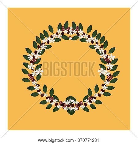 Pattern With Coffee Beans, White Flowers, Green Leaves Of The Coffee Tree. A Wreath-shaped Pattern W