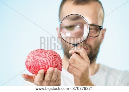 Adult Nerd Man Wearing Eyeglasses Looking At Human Brain Model. Thinking And Intelligence Conept