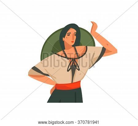 Hand Drawn Vector Stock Abstract Graphic Illustration With A Girl In Hat And Uniform On A Wild Safar