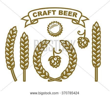 Bottle Cap, Hop Cone, Ears Of Wheat, Wreath Made Of Barley Ears, Ribbon Banner With Text Craft Beer.