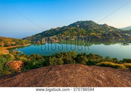 Mount Abu And Nakki Lake Aerial Panoramic View. Mount Abu Is A Hill Station In Rajasthan State, Indi