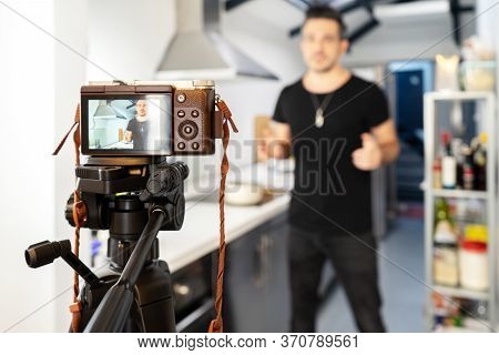 Food Blogger Blogger Is Recording Tutorial Online In Front Of Camera. Welness Coach. Vlog Video Live