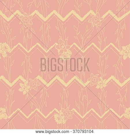 Yellow Daffodils, Chevrons Seamless Pattern On Pink Background. Surface Pattern Design. Great For Fa