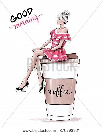 Hand Drawn Beautiful Young Woman Sitting On Large Plastic Coffee Cup. Fashion Woman In Striped Pink 