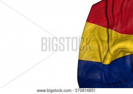 Wonderful Romania Flag With Big Folds Lie In Left Side Isolated On White - Any Occasion Flag 3d Illu