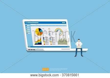 Businessman Analysis Web Statistics Charts On Computer Screen. Flat Vector Infographic Analytic Tren