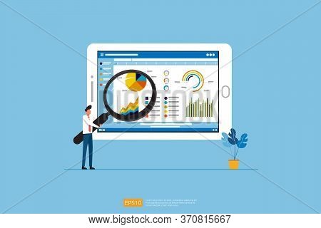 Businessman Analysis Web Statistics Charts On Computer Screen. Flat Vector Infographic Analytic Tren