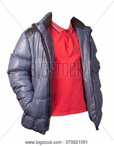 Mens Redt-shirt And Blue Jacket Isolated On White Background.casual Clothing