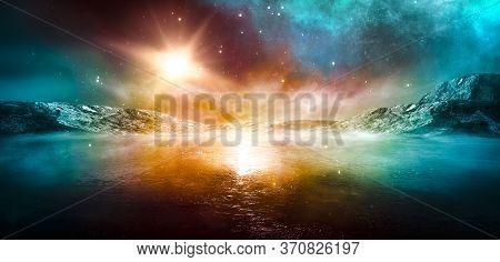 Modern Futuristic Fantasy Night Landscape With Abstract Islands And Night Sky With Space Galaxies. M